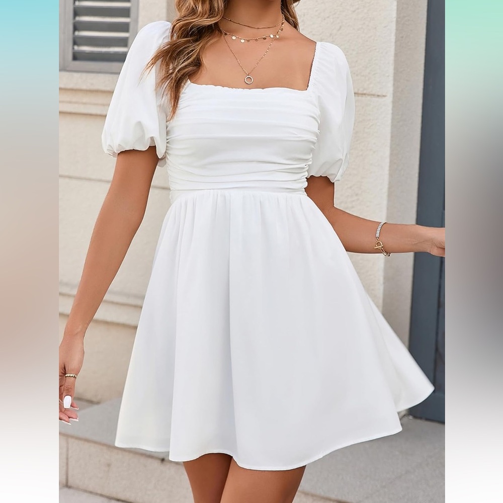 Elegant White Puff Sleeve Square Neck Dress size Large